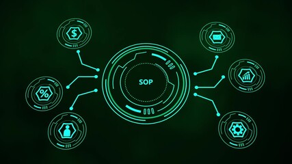 Standard Operating Procedure ( SOP) workflow diagram with interconnected icons for finance, communication, and operational efficiency - Powered by Adobe