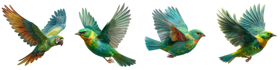 Obraz premium Vibrant Birds in Flight: A Colorful Flock Soaring with Energy and Freedom, Perfect for Nature-Inspired Designs and Uplifting Creative Projects, originally vector graphics