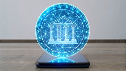 A futuristic smartphone displays a holographic bank symbol, representing digital banking and technological advancements in finance.