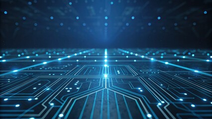 A futuristic digital landscape with glowing circuitry, creating an immersive visual experience that suggests technology and innovation.