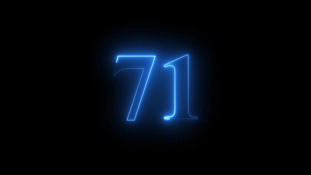 Abstract glowing Neon 71 number educational mathematics text icon animation on black background. a dynamic motion and glowing neon number countdown icon animation.	