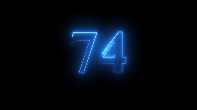 Abstract glowing Neon 74 number educational mathematics text icon animation on black background. a dynamic motion and glowing neon number countdown icon animation.	