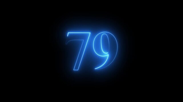 Abstract glowing Neon 79 number educational mathematics text icon animation on black background. a dynamic motion and glowing neon number countdown icon animation.	