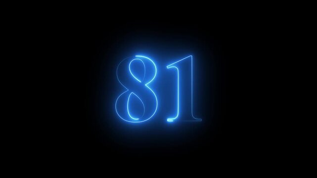 Abstract glowing Neon 81 number educational mathematics text icon animation on black background. a dynamic motion and glowing neon number countdown icon animation.	