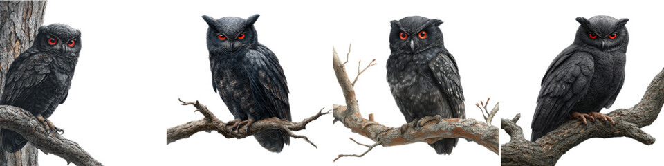Fototapeta premium Eerie Black Owl with Glowing Red Eyes Perched on Branches, Perfect for Halloween Designs and Mysterious Projects, Originally a Scalable Vector Graphic
