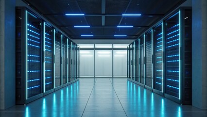A modern server room with rows of servers illuminated by blue lights, featuring a sleek, futuristic design and a clean, open space.
