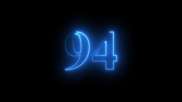 Abstract glowing Neon 94 number educational mathematics text icon animation on black background. a dynamic motion and glowing neon number countdown icon animation.	
