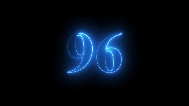 Abstract glowing Neon 96 number educational mathematics text icon animation on black background. a dynamic motion and glowing neon number countdown icon animation.	