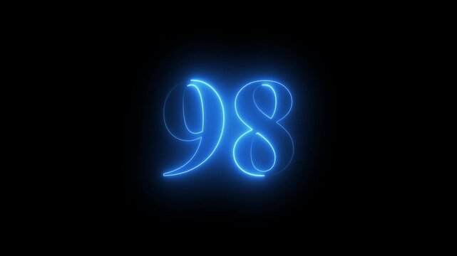 Abstract glowing Neon 98 number educational mathematics text icon animation on black background. a dynamic motion and glowing neon number countdown icon animation.	