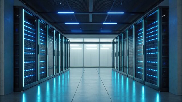 A modern server room with rows of servers illuminated by blue lights, featuring a sleek, futuristic design and a clean, open space.