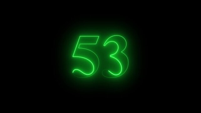 Abstract glowing Neon 53 number educational mathematics text icon animation on black background. a dynamic motion and glowing neon number countdown icon animation.	