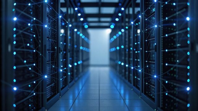 A futuristic data center corridor lined with glowing server racks, showcasing advanced technology and connectivity.