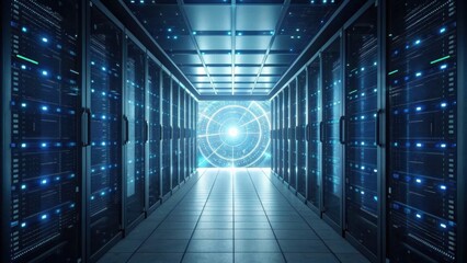 A futuristic data center corridor illuminated by blue lights, leading to a bright, circular portal, showcasing advanced technology and digital infrastructure.