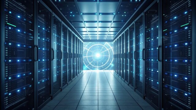A futuristic data center corridor illuminated by blue lights, leading to a bright, circular portal, showcasing advanced technology and digital infrastructure.