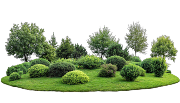 A lush green garden with various plants and trees for outdoor scenery