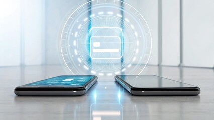 Two modern smartphones with a digital payment interface, highlighting technology and financial transactions in a sleek, futuristic setting.