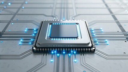 A close-up of a computer chip on a circuit board with glowing blue lights, illustrating advanced technology and electronic connectivity.