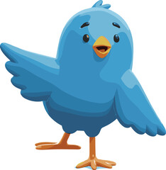 Cute blue cartoon bird standing with open wings, cheerful mascot character illustration, happy and playful animal design for kids, animation