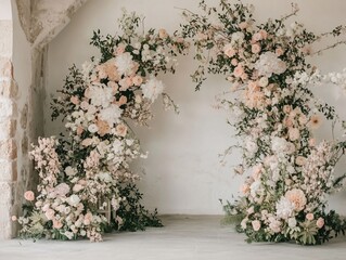 Elegant floral archway with pastel roses and white flowers arrangement