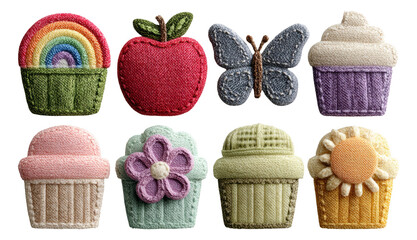 Colorful Embroidered Patches of Cupcakes, Rainbow, Apple, Butterfly Design