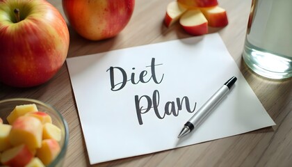 Diet plan on paper with apples and a pen, symbolizing healthy eating and meal prep for a balanced lifestyle