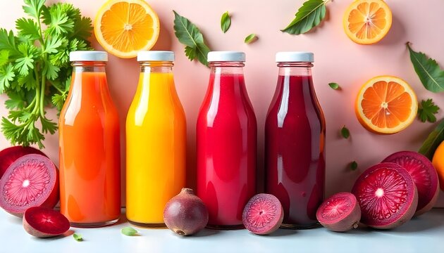 Four bottles of juice with citrus fruits, showcasing a commitment to healthy diets, smoothies, and meal preparation