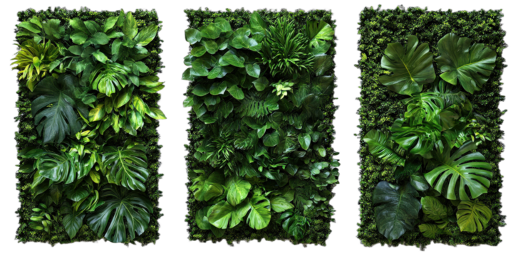 Three green plant walls with various leafy plants