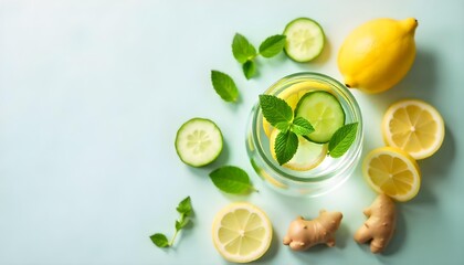 A refreshing glass of water infused with lemon, ginger, and mint, promoting hydration and healthy eating
