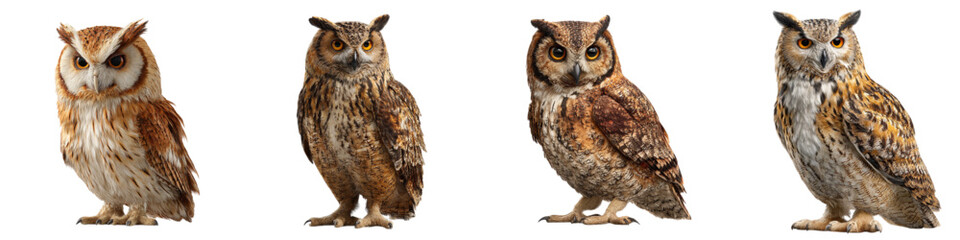 Fototapeta premium Four captivating owls, each a unique feathered friend, perfect for nature enthusiasts, wildlife projects, and educational materials, showcasing avian beauty