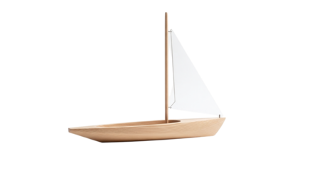 Simple Wooden Toy Sailboat with White Sail sailing isolated on a transparent background