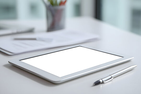 Blank tablet on wooden table near plant in modern cafe during daytime