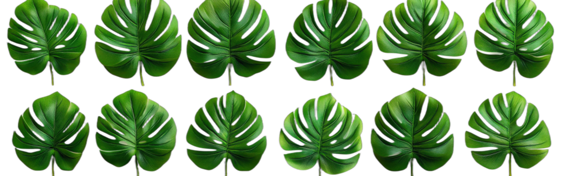 A row of green monstera leaves in a neat arrangement
