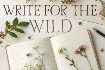 Open journal with tiny pressed flowers arranged flat on a wooden table