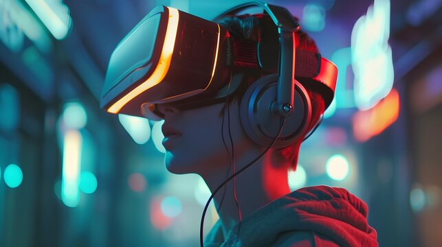 Person wearing futuristic VR box headset surrounded by glowing neon lights in cyberpunk city background