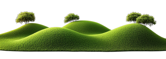 Green rolling hills with small trees creating a natural landscape scene