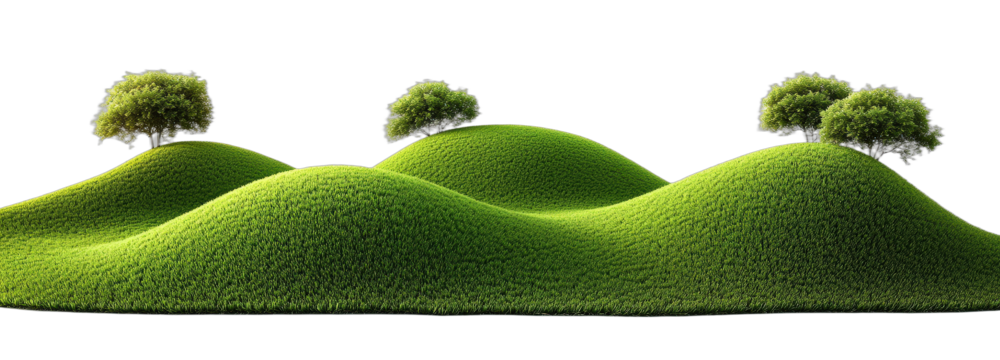 Green rolling hills with small trees creating a natural landscape scene