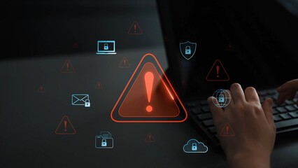 Cybersecurity threat alert protects data. Cyber security threat alert prevents access, alert warns...