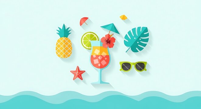 Vibrant Summer Holiday Flat Lay with Tropical Elements and Cocktail.