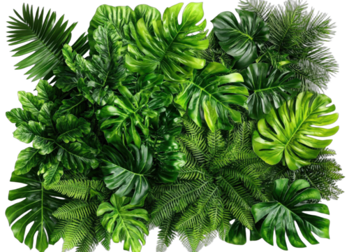 Vibrant artificial tropical greenery with various leaf types