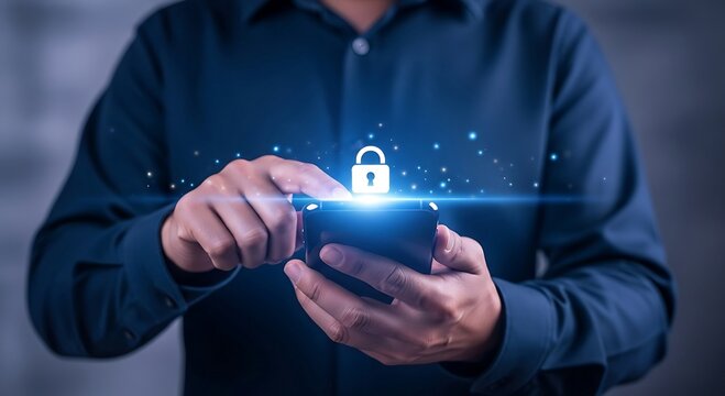 Man using smartphone with glowing padlock icon for digital security.