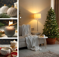 Christmas and New Year celebration. Festive themed collage of pictures with decor and fir tree in room