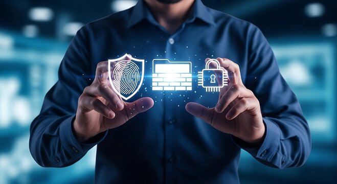 Man holding digital icons representing data security and privacy.