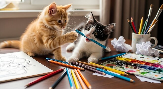playful kittens with art supplies two adorable kittens playing with colored pencils and watercolor paints on a wooden table creative concept