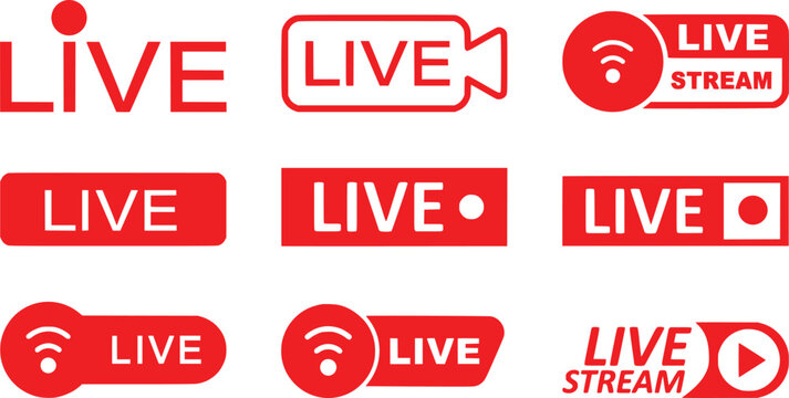 Live streaming red icon set. online stream icons. social media channel. broadcasting buttons