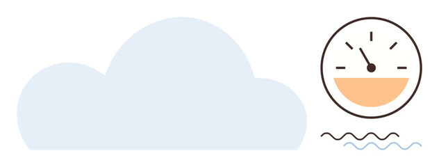 Large cloud shape beside a gauge measuring levels, with wavy lines below. Ideal for climate control, performance monitoring, data analytics, precision, technology, sustainability, simple flat