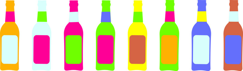 A vibrant, minimalist vector set of eight colorful beverage bottles with blank labels, showcasing a diverse palette from neon brights to muted tones, ideal for packaging mockups, design elements, or r