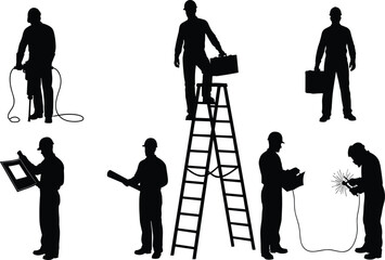 Silhouettes of construction workers, engineers, and tradesmen with tools, including welding, drilling, and blueprint reading, representing labor, building, 