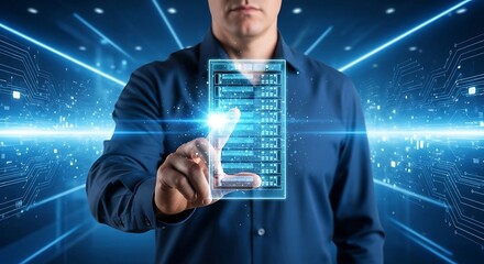 Man Interacting with Futuristic Digital Interface in a High-Tech Environment.