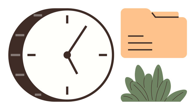 Clock, folder, and foliage symbolize time management, organization, and balance. Ideal for productivity, scheduling, task prioritization work-life balance deadlines resourcefulness. Simple flat