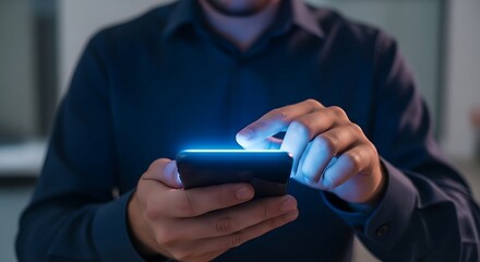 Close up of a mans hands using a smartphone with glowing blue light.